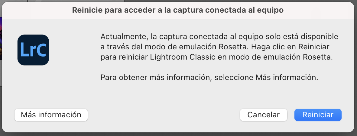 Reiniciar Lightroom Classic en modo Rosetta