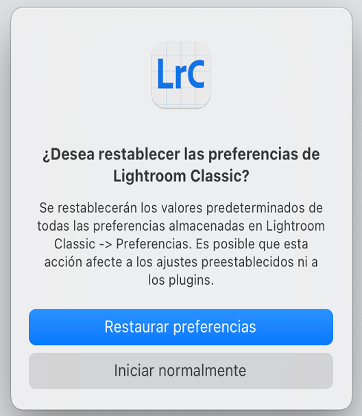 Cuadro de diálogo Restablecer preferencias de Lightroom Classic 