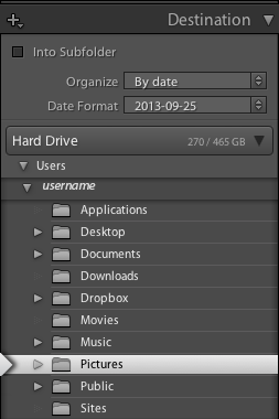 El panel Destino de importación El panel Destino de importación de Lightroom Classic CC