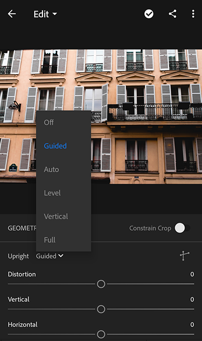 Modos de Upright en Lightroom para dispositivos móviles (Android)
