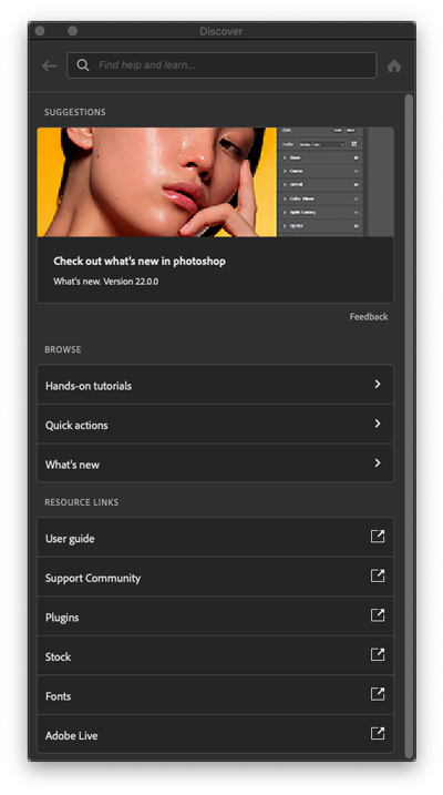 Panel Descubrir de Photoshop
