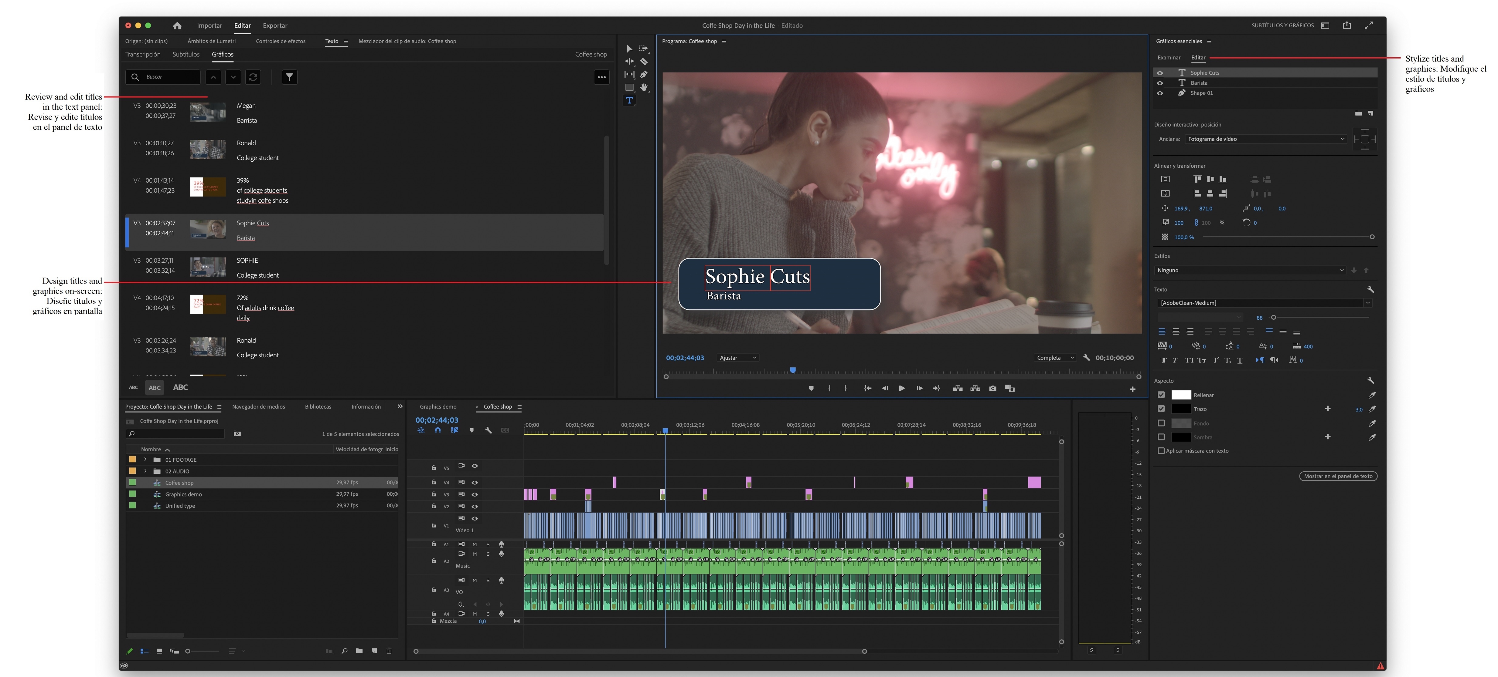 Panel texto y panel gráficos esenciales en Premiere Pro