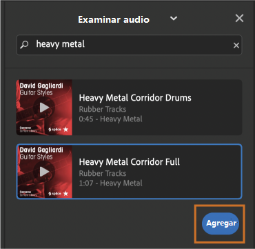 Buscar activos de audio incluidos en Premiere Rush