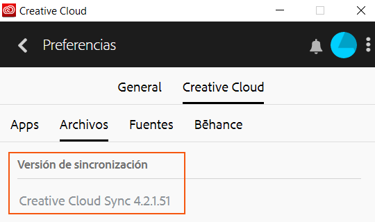 Versión de sincronización de Creative Cloud