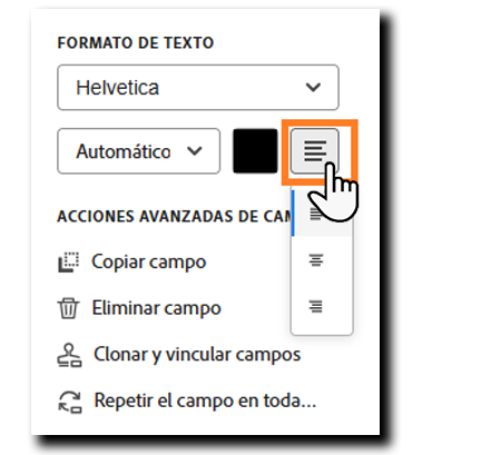 Sección Formato de texto de las opciones de configuración del campo con las opciones de justificación de fuente resaltadas.