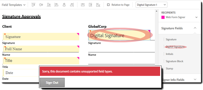 No se admiten las firmas digitales