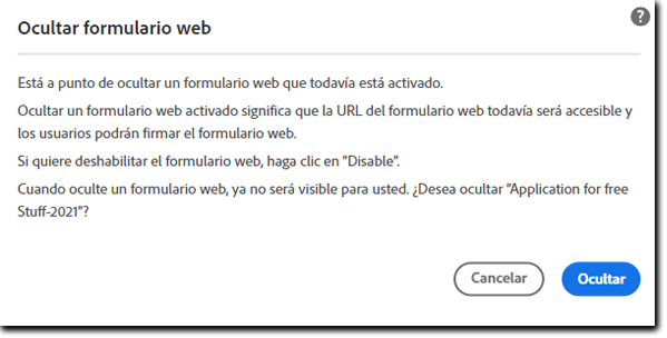 Advertencia al ocultar un formulario web activo