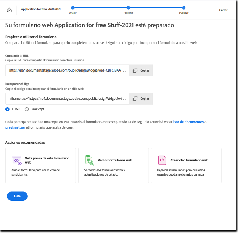 Página de verificación posterior a la creación