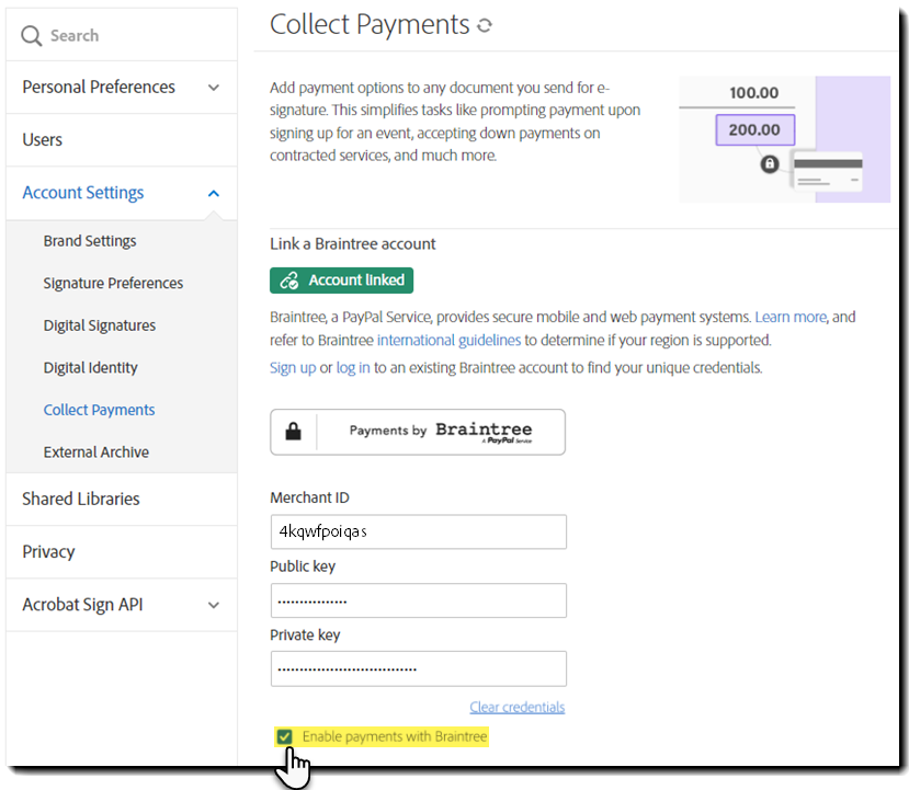 Desactivación del vínculo de Braintree