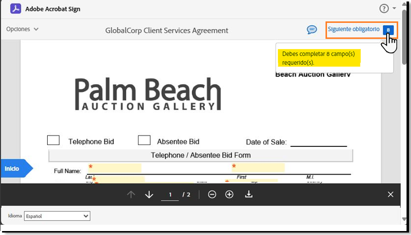 Página de firma electrónica con el contador de «campos obligatorios» resaltado.