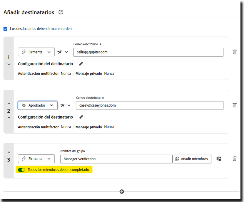 La sección Solicitar firmas “Añadir destinatario” resalta un destinatario de grupo con el conmutador “Todos los miembros deben completar” resaltado.