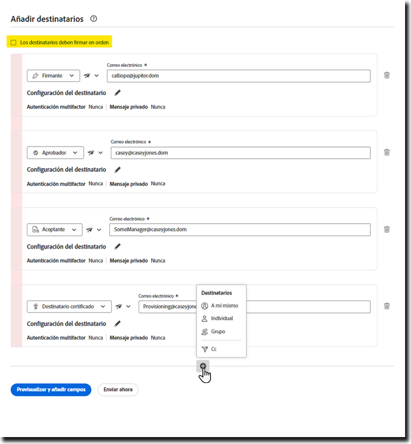 Configuración de firma paralela en la página Enviar con el control “Los destinatarios deben firmar en orden” desactivado resaltado