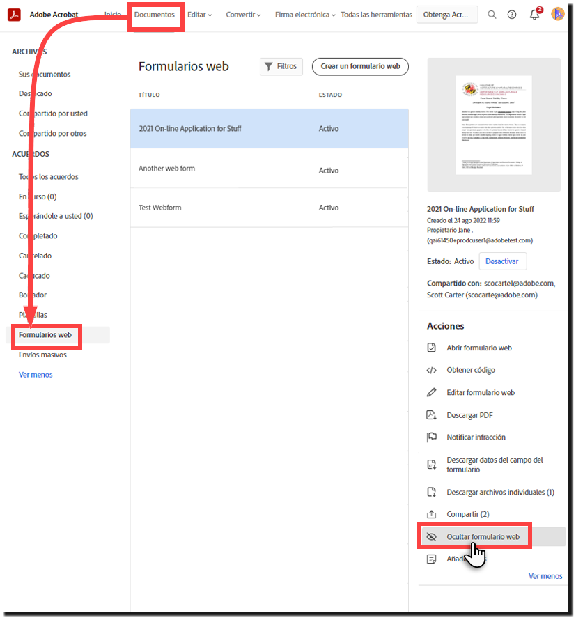 Ocultar un formulario web