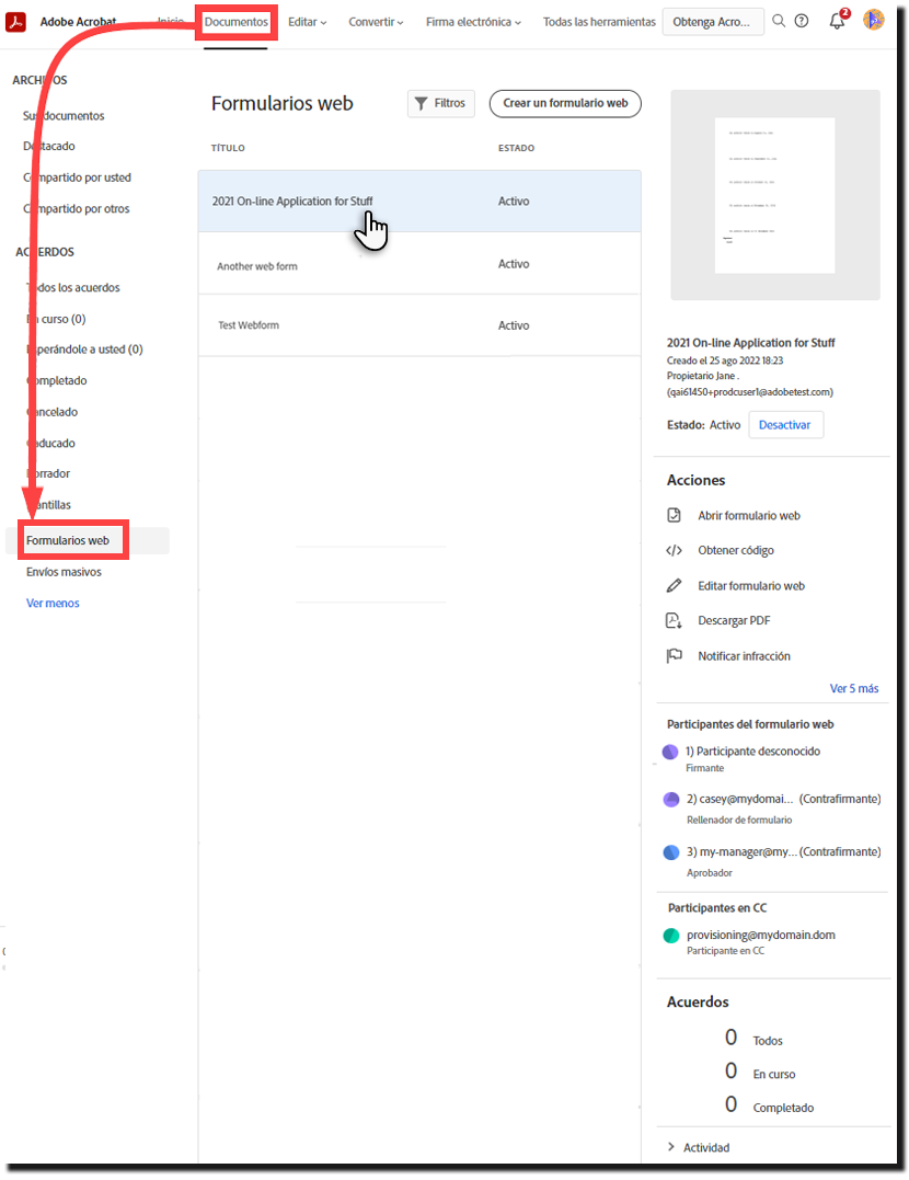 Formulario web en la página Administrar