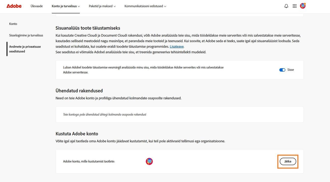 Nupp Jätka, mis asub teie konto andmete paremal pool jaotises Adobe konto kustutamine, võimaldab teil oma konto jäädavalt kustutada.