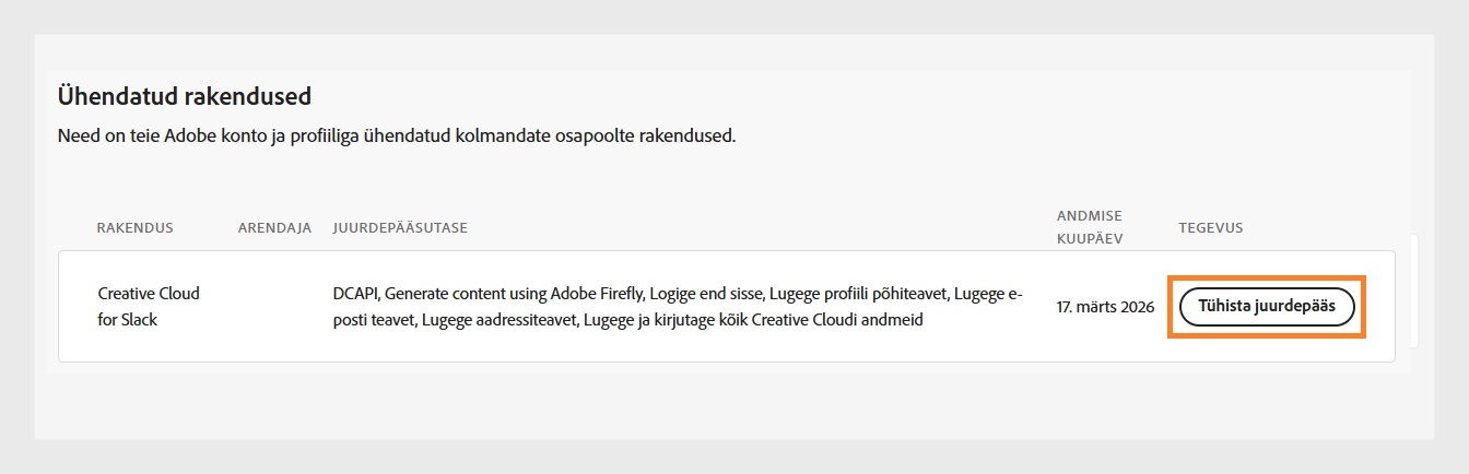 Nupp Tühista juurdepääs, mis on saadaval jaotise Ühendatud rakendused veerus Tegevus, võimaldab teil tühistada kolmanda osapoole rakenduste juurdepääsu oma Adobe kontole.