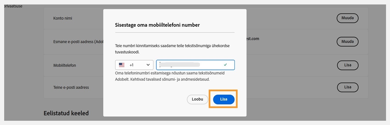 Nupp Lisa, mis on saadaval dialoogi Sisestage oma telefoninumber alumises paremas nurgas, võimaldab teil pärast telefoninumbri lisamist jätkata. 