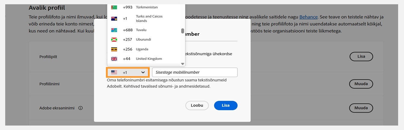 Oma riigi saate valida rippmenüüst, mis on saadaval, kui valite telefoninumbri sisestamise aknas allapoole suunatud noole ikooni. 