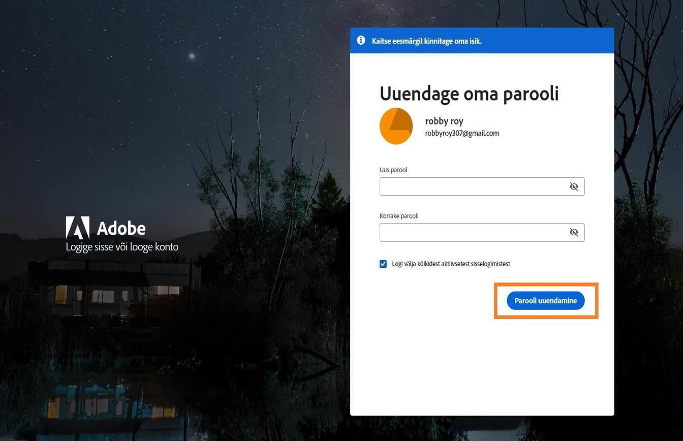 Nupp Uuenda parooli, mis asub akna Uuenda oma parooli paremal küljel, võimaldab teil muuta oma Adobe parooli uuendada. 