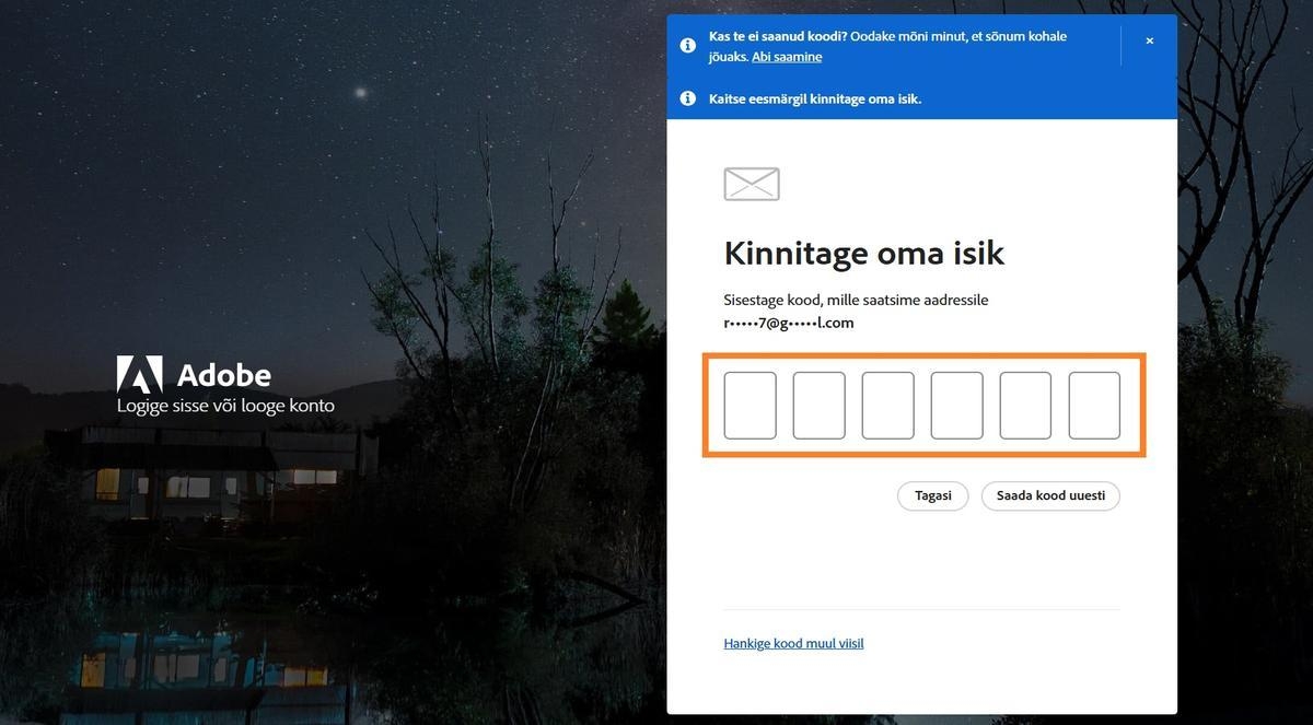 Kinnituskoodi sisestamise väli, mis on saadaval aknas Kinnitage oma identiteet sisselogimislehel, võimaldab teil sisestada oma koodi ja kinnitada oma identiteeti.