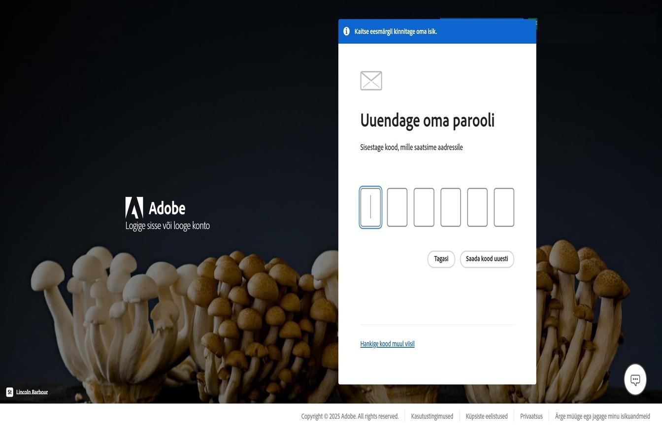 Adobe sisselogimisleht dialoogiboksiga Uuendage oma parooli, mis sisaldab esiletõstetud nuppu Hankige kood muul viisil