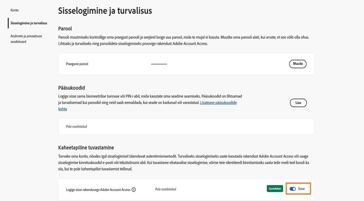 Lülitinupp, mis asub Adobe Account Access rakenduse valiku paremal pool jaotises Kaheastmeline kinnitamine, võimaldab teil rakenduse tulevaste sisselogimiste jaoks deaktiveerida.