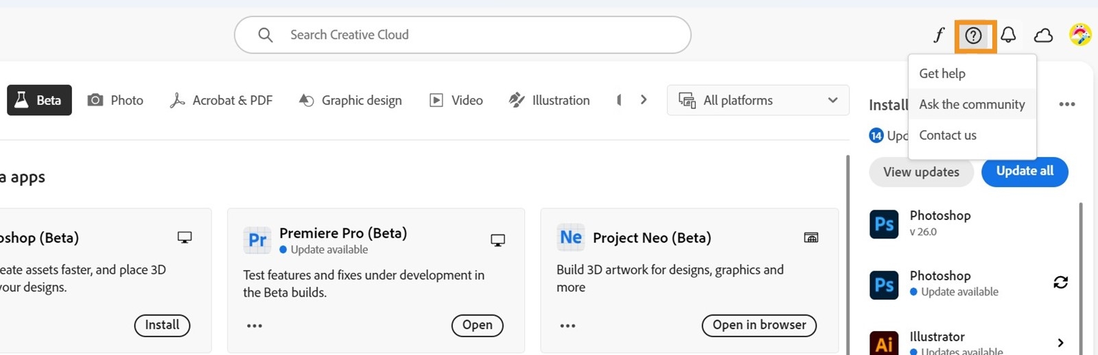 Creative Cloudi töölauarakendus on avatud ja valik Abi ja ressursid on esile tõstetud ning see kuvab võimalusi abi saamiseks, kogukonnalt küsimiseks või Adobe poole pöördumiseks.