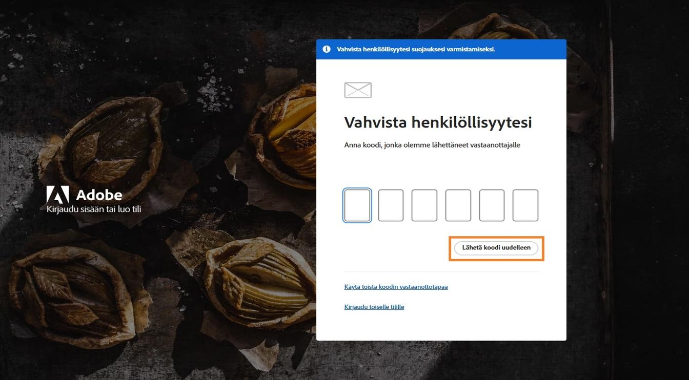 Lähetä koodi uudelleen -painike Vahvista henkilöllisyytesi -ikkunassa antaa sinun pyytää uuden vahvistuskoodin.