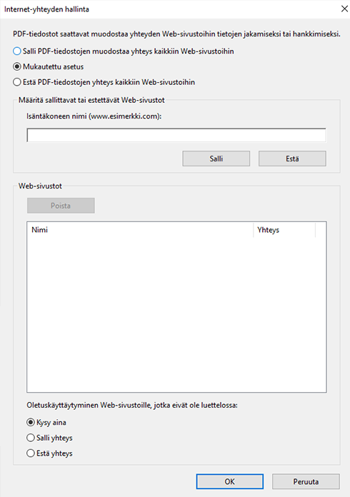 Internet-yhteyden hallinnan asetukset Internet-yhteyden hallinnan asetukset