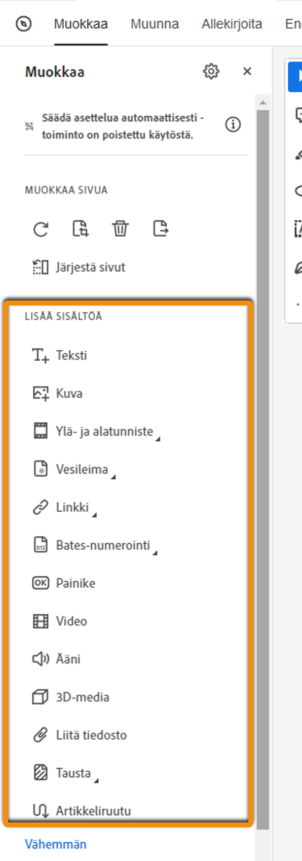 Lisää sisältöä PDF-tiedostoon – laajennettu näkymä