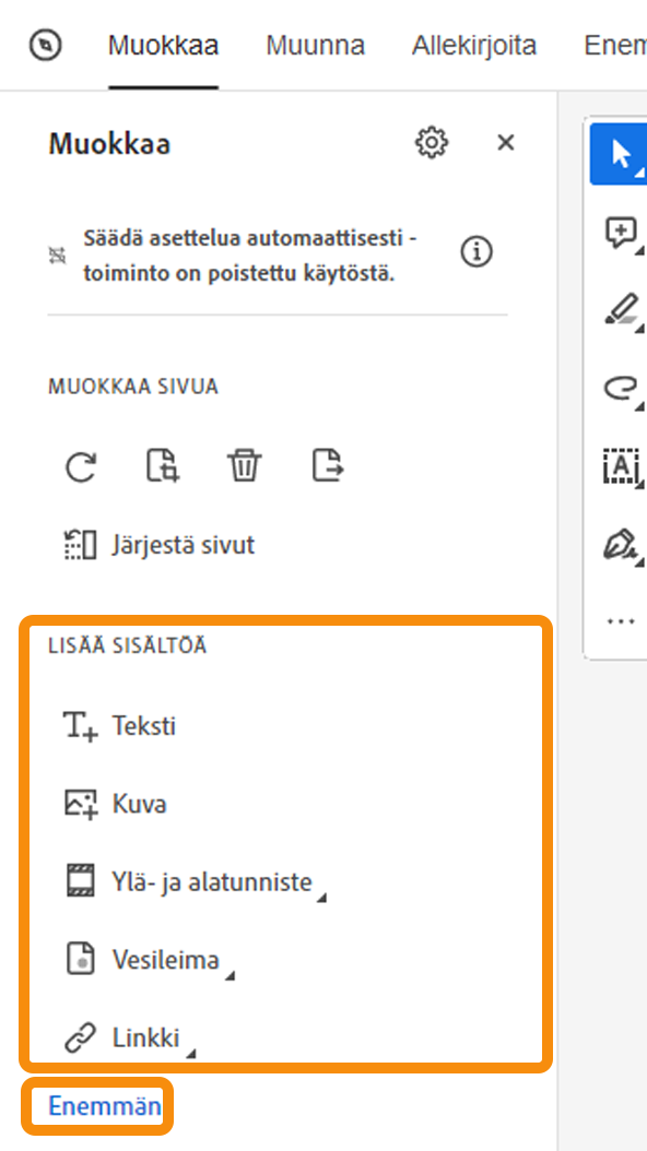 Lisää sisältöä PDF-tiedostoon – pienennetty näkymä