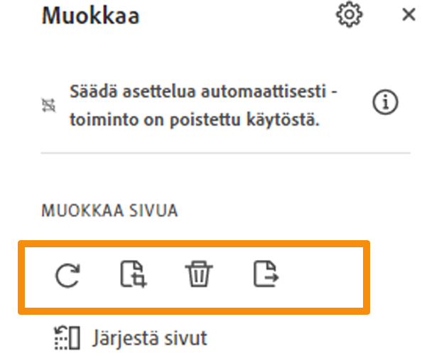 Kierrä, rajaa, poista tai pura sivu PDF-tiedostosta