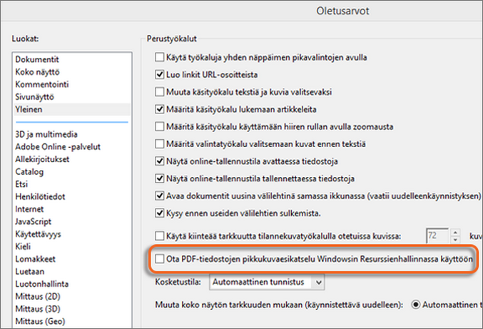 PDF-tiedostojen pikkukuvaesikatselun käyttöönotto PDF-tiedostojen pikkukuvaesikatselun käyttöönotto
