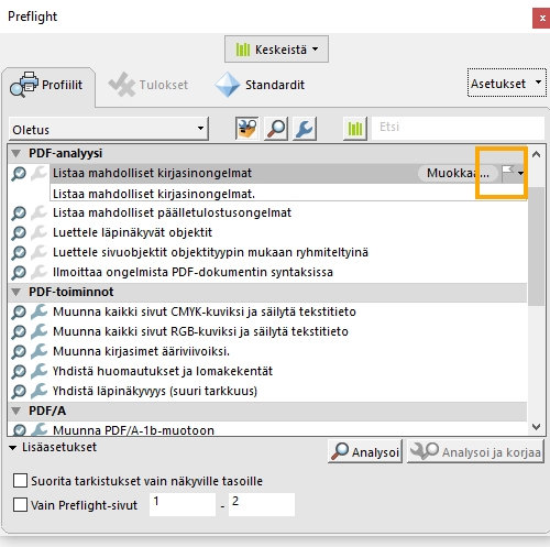Yksittäisen korjauksen määrittäminen suosikiksi Preflight-valintaikkuna tulee näyttöön, ja lippuasetus on korostettu