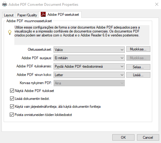 Adobe PDF -tulostimen käyttäminen, Acrobat