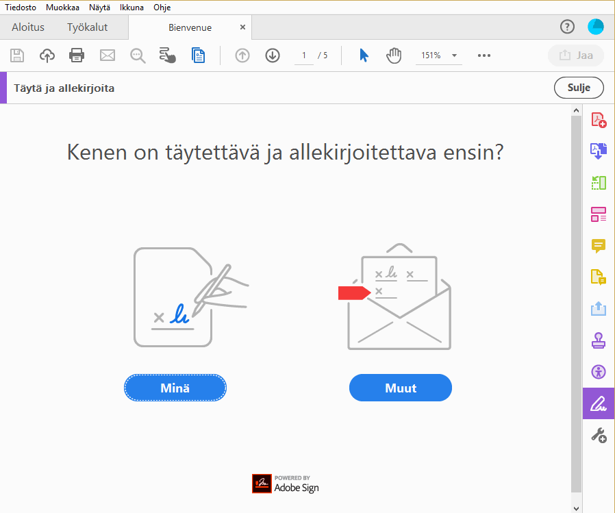 Täytä ja allekirjoita -toiminnon aloitussivu