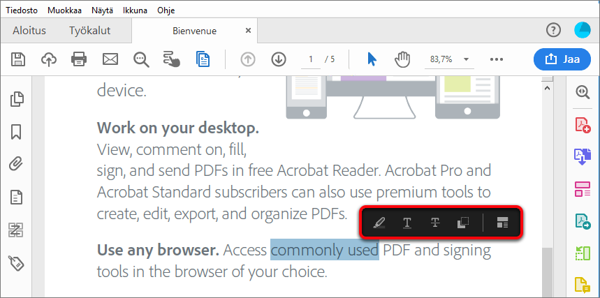 Tekstin valintaan liittyvät toiminnot