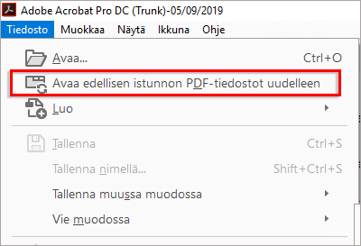 Avaa edellisen istunnon PDF-tiedostot uudelleen