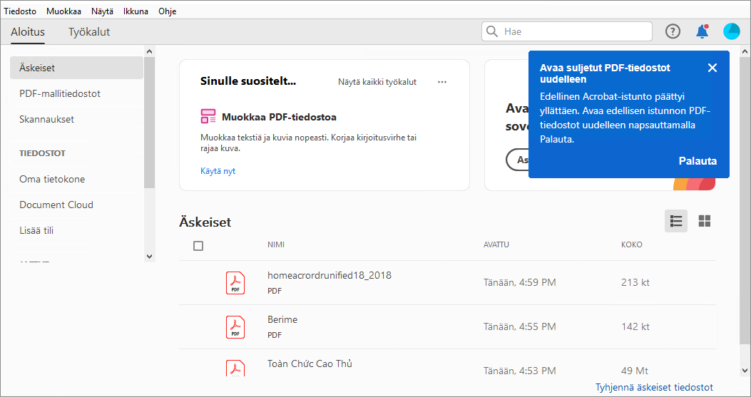 Avaa suljetut PDF-tiedostot uudelleen