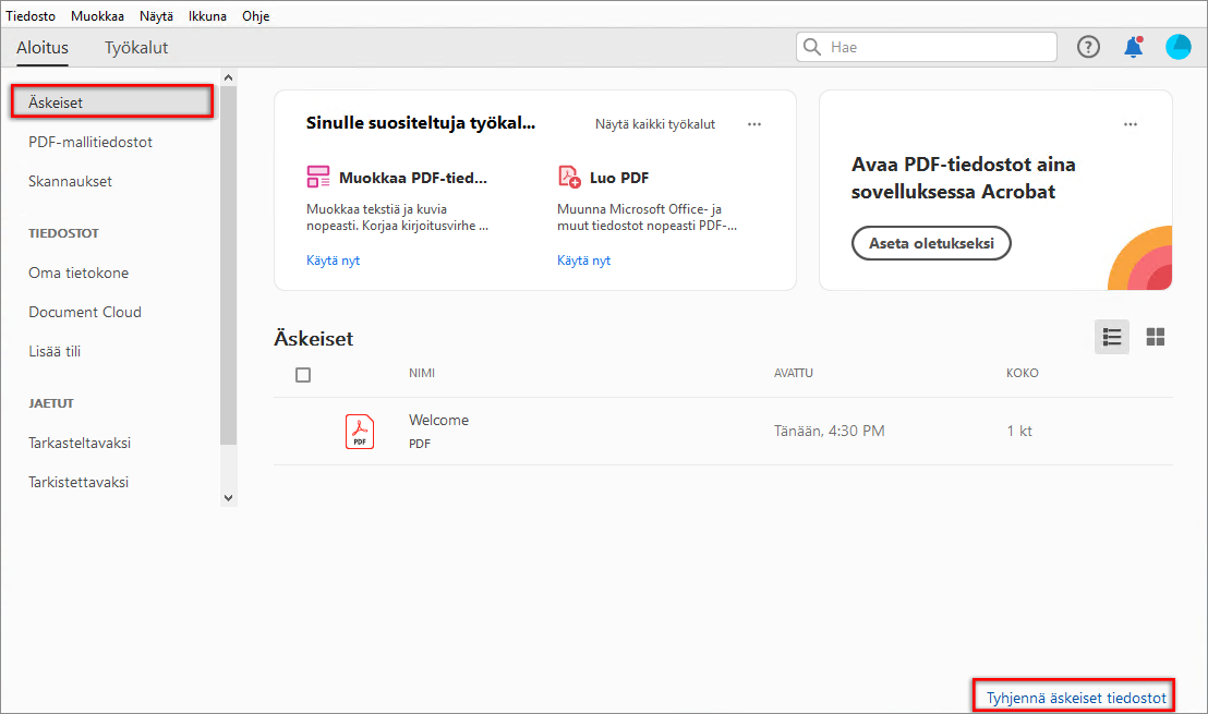 Tyhjennä äskeiset tiedostot
