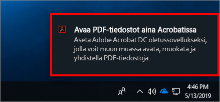 Ilmoitusruutu, jossa kehotetaan asettamaan Acrobat PDF-tiedostojen oletusomistajaksi
