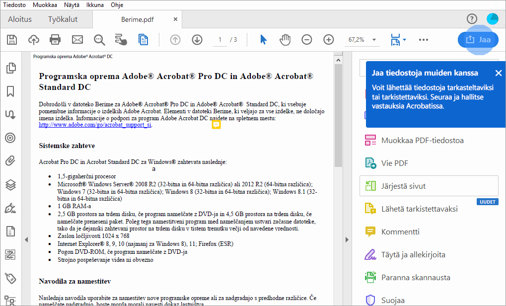 Acrobatin PDF-tiedoston jakamista koskeva vihje