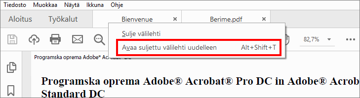 Avaa suljettu välilehti uudelleen