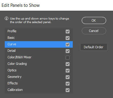 Muokkauspaneelien järjestäminen uudelleen Muokkaa näytettäviä paneeleita -valintaikkunassa
