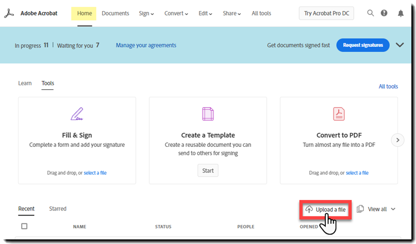 Lähetä tiedosto Aloitus-sivulta