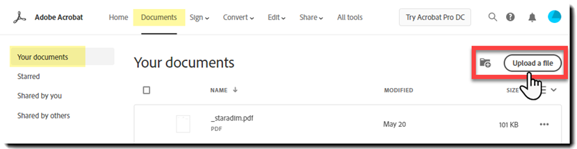Lähetä tiedosto Dokumentit-välilehteen