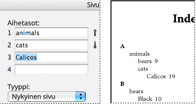 Aihetasot-ruutu Hakemistoviittaukset
