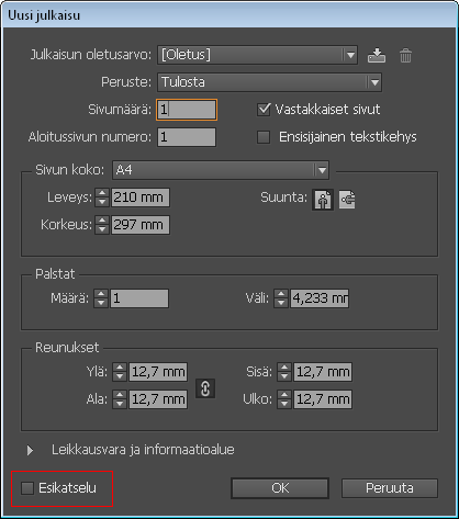 Uusi julkaisu -valintaikkuna Uusi julkaisu -valintaikkuna