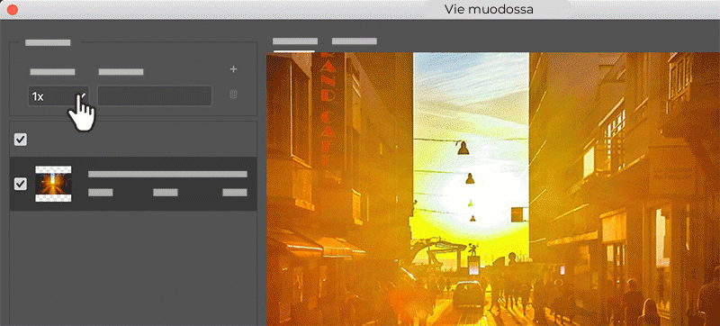 Animoitu versio Vie muodossa -valintaikkunasta.