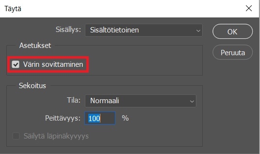 Sisältötietoinen täyttö ja värin sovittaminen Photoshopissa